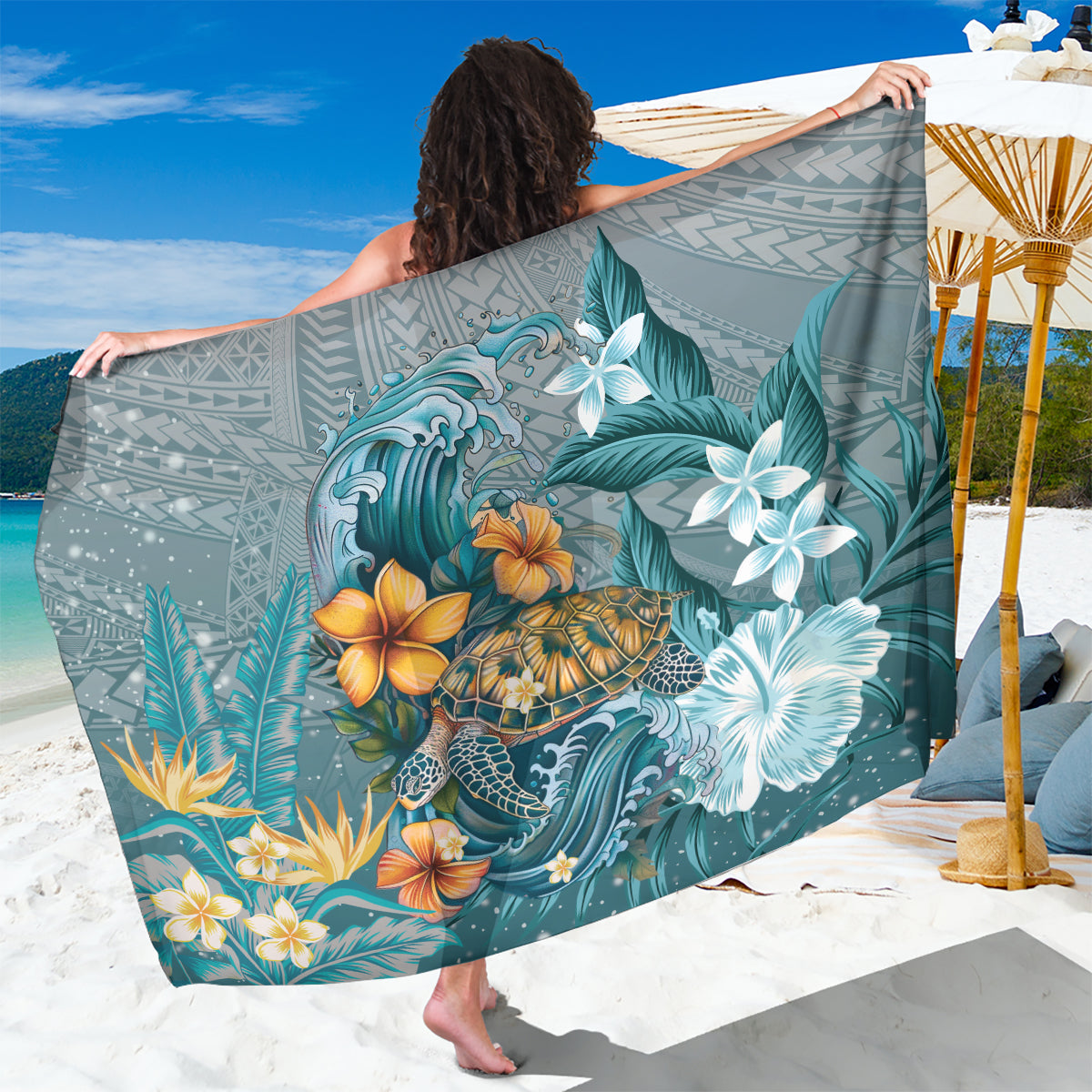 Sea Turtle In The Ocean Sarong with Polynesian Pattern Arty Style