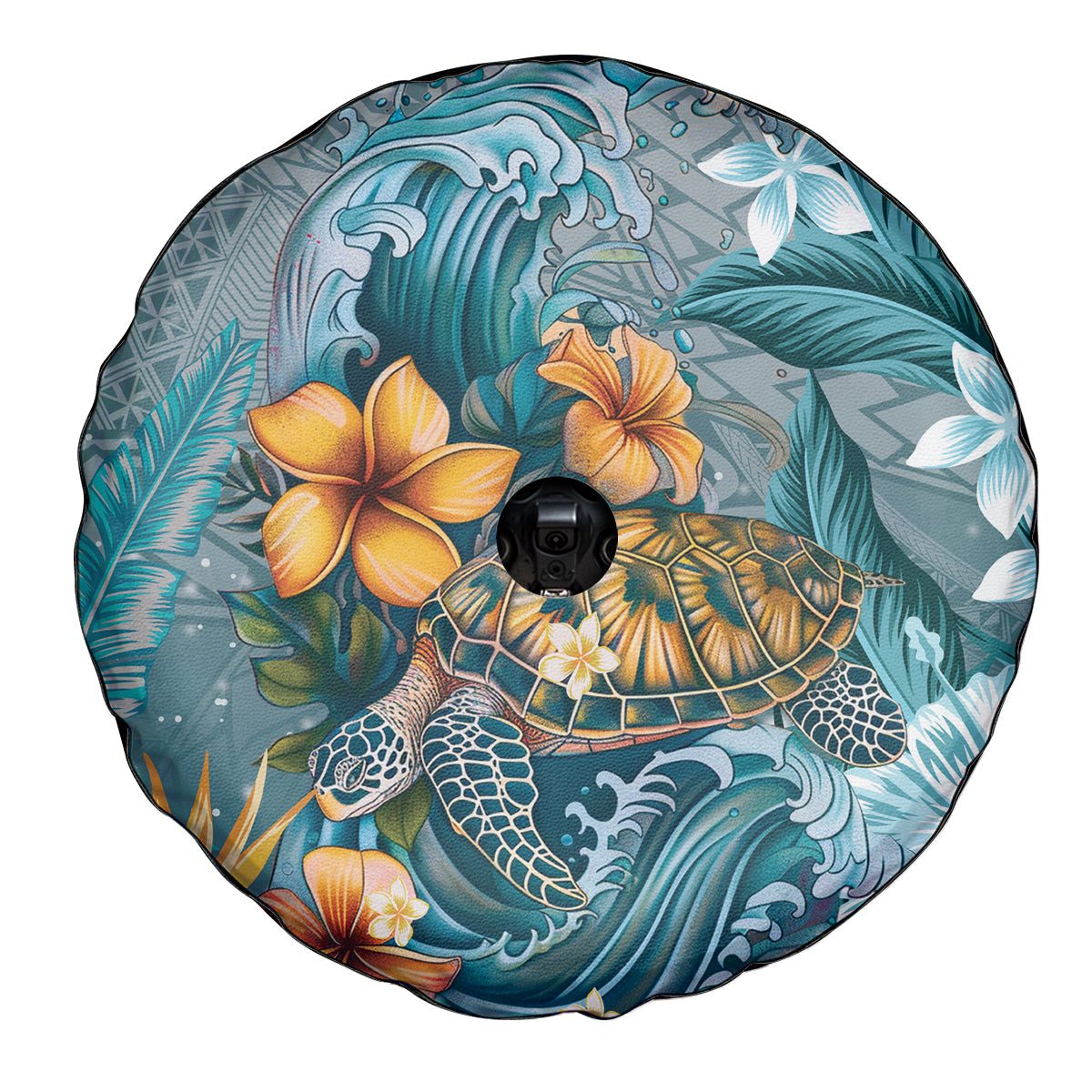 Sea Turtle In The Ocean Spare Tire Cover with Polynesian Pattern Arty Style