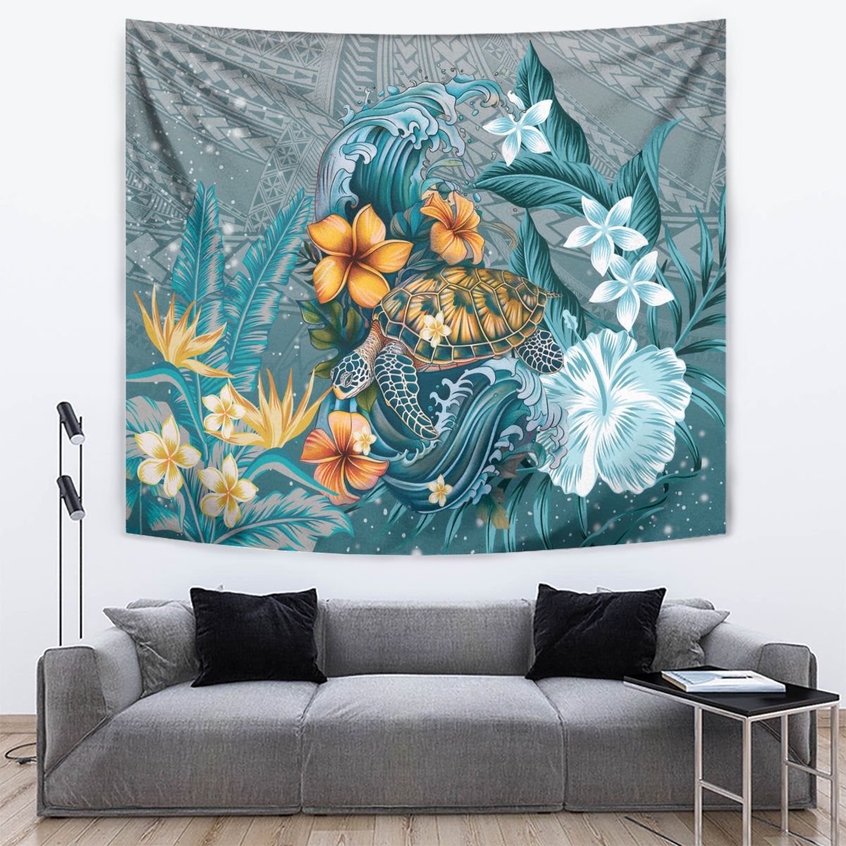 Sea Turtle In The Ocean Tapestry with Polynesian Pattern Arty Style