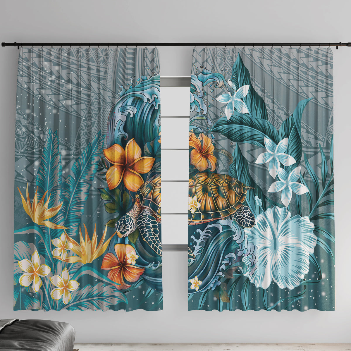 Sea Turtle In The Ocean Window Curtain with Polynesian Pattern Arty Style