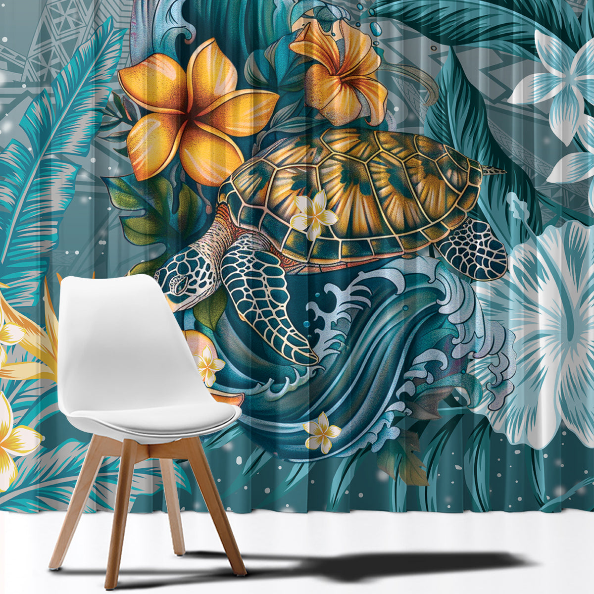 Sea Turtle In The Ocean Window Curtain with Polynesian Pattern Arty Style LT9 - Polynesian Pride