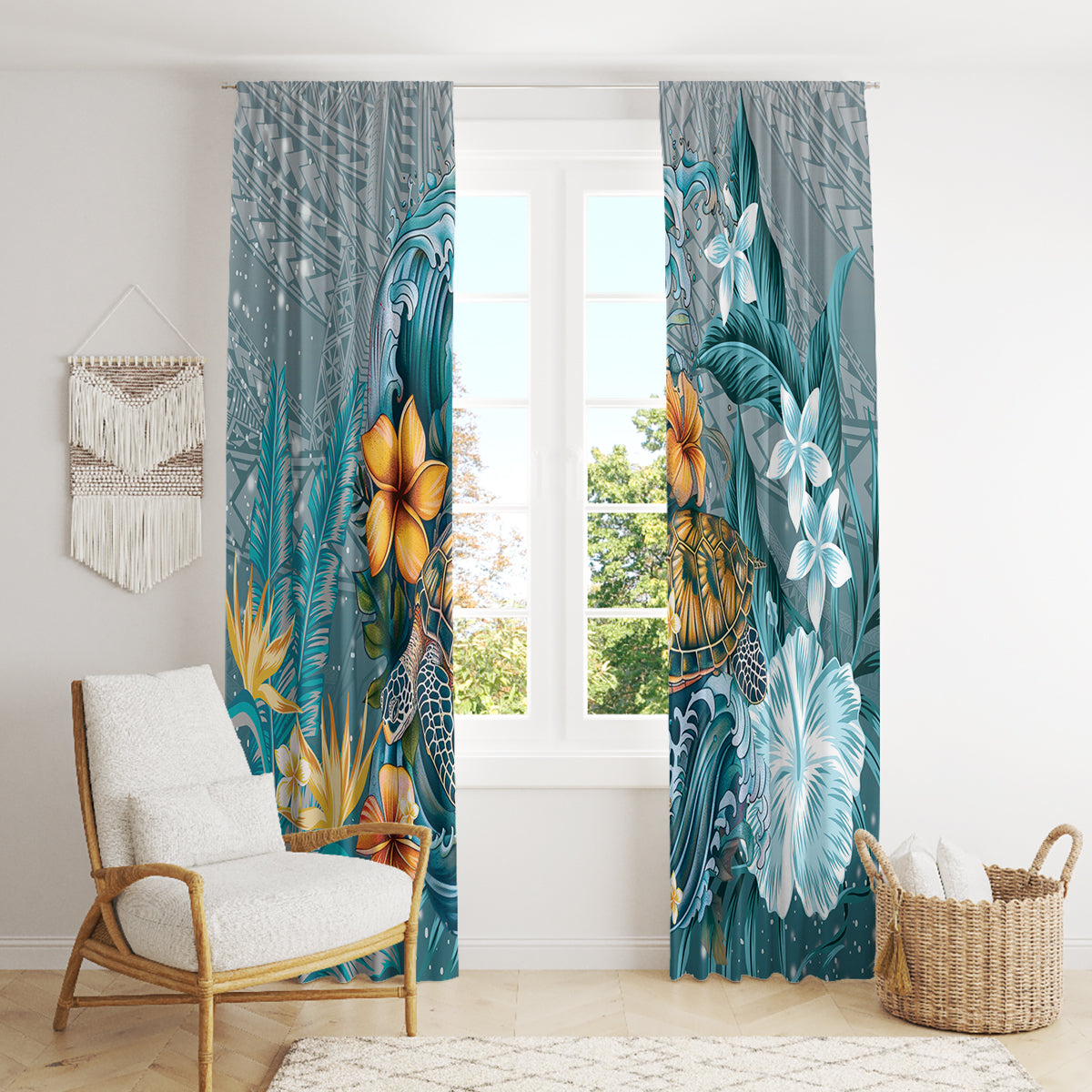 Sea Turtle In The Ocean Window Curtain with Polynesian Pattern Arty Style LT9 - Polynesian Pride