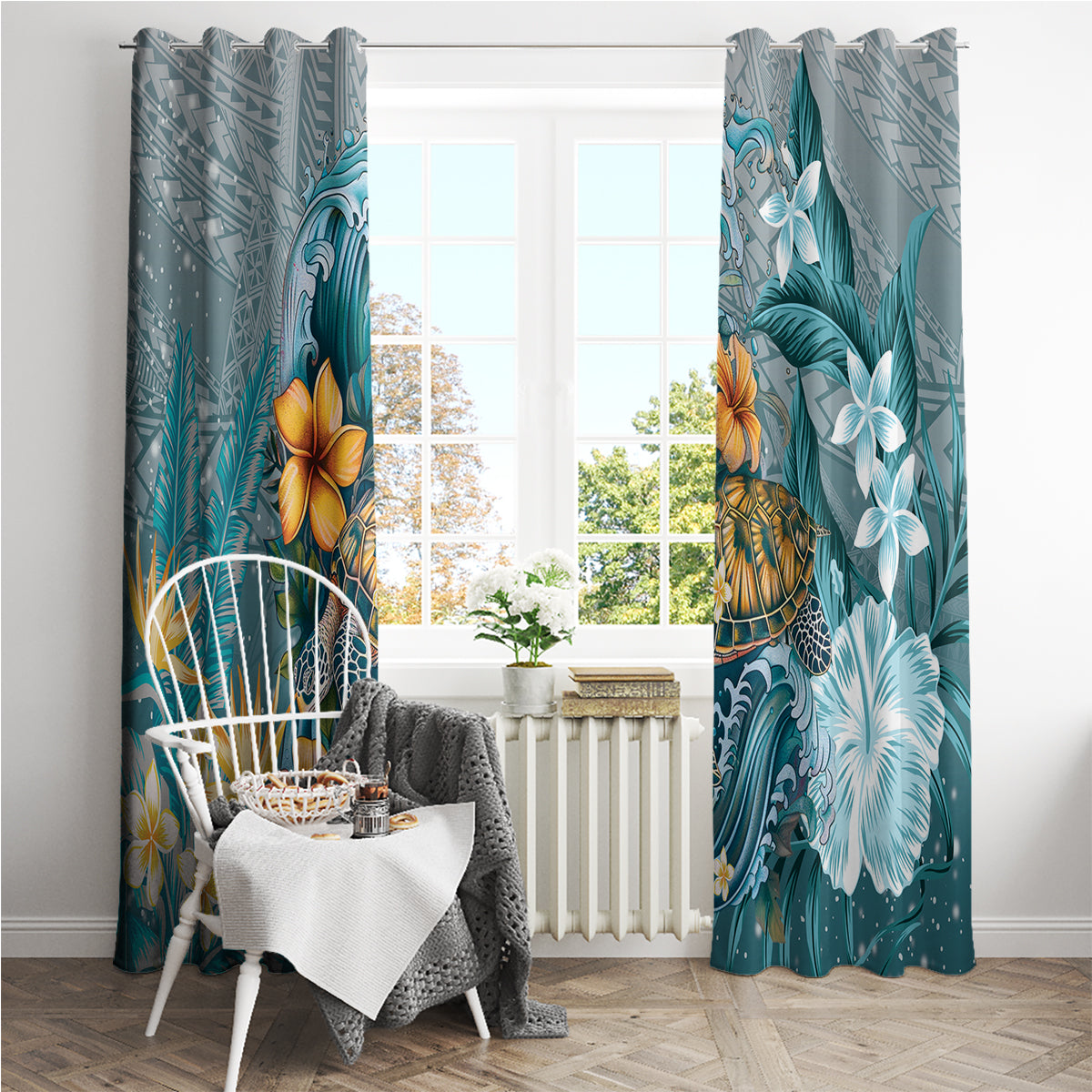 Sea Turtle In The Ocean Window Curtain with Polynesian Pattern Arty Style LT9 - Polynesian Pride