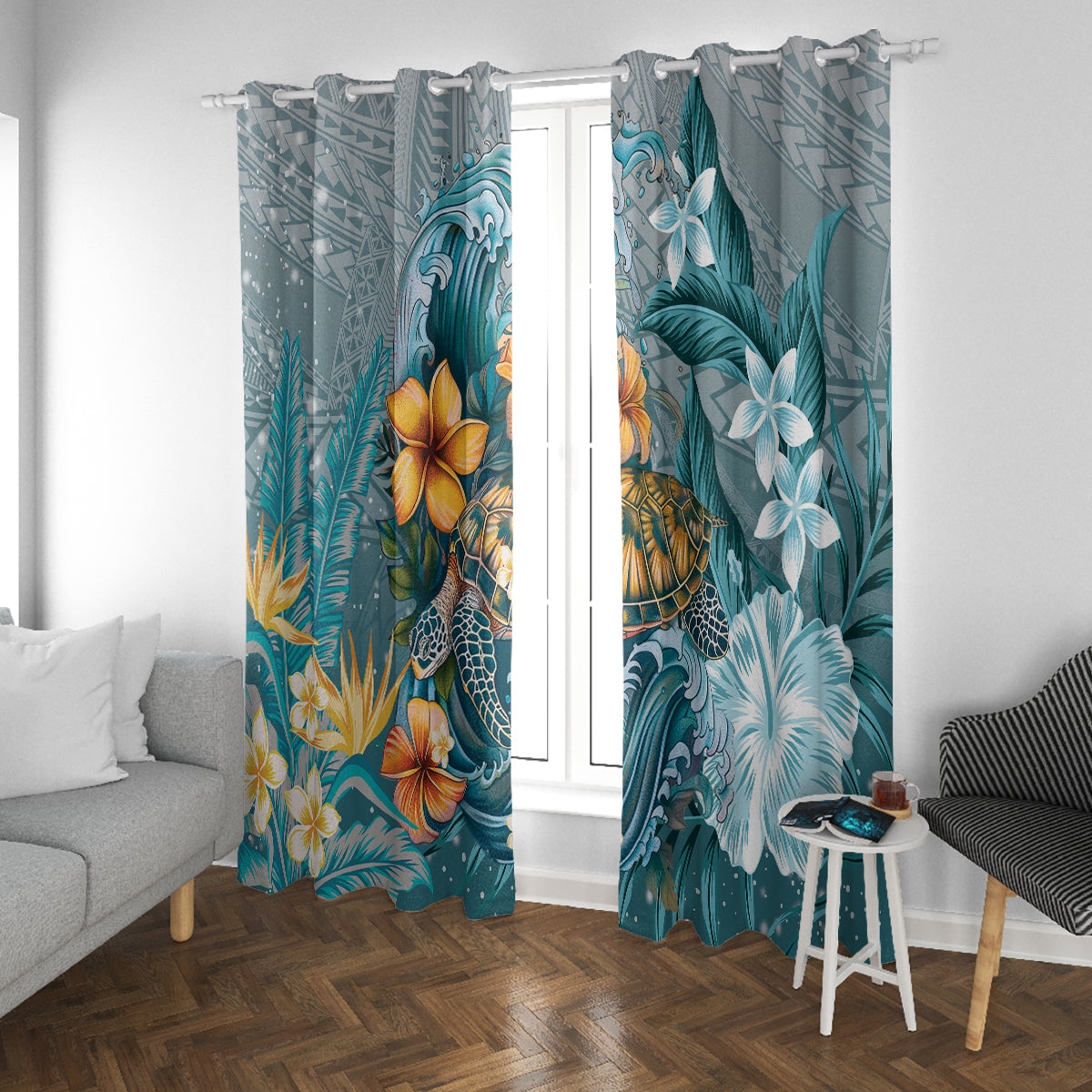 Sea Turtle In The Ocean Window Curtain with Polynesian Pattern Arty Style LT9 With Grommets Blue - Polynesian Pride