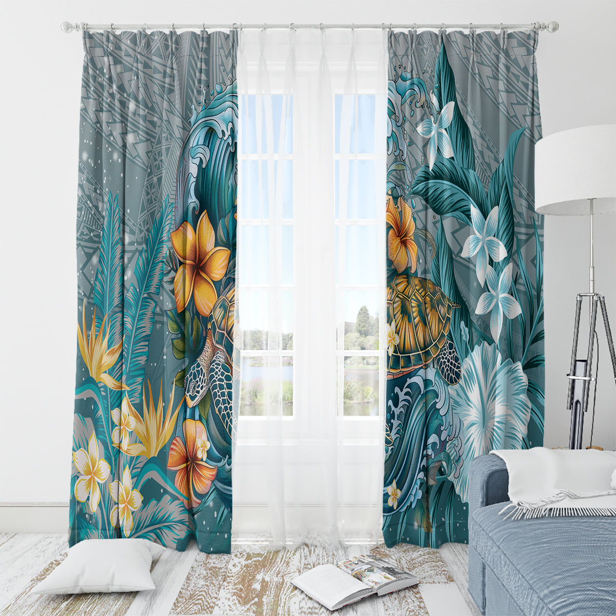 Sea Turtle In The Ocean Window Curtain with Polynesian Pattern Arty Style LT9 - Polynesian Pride