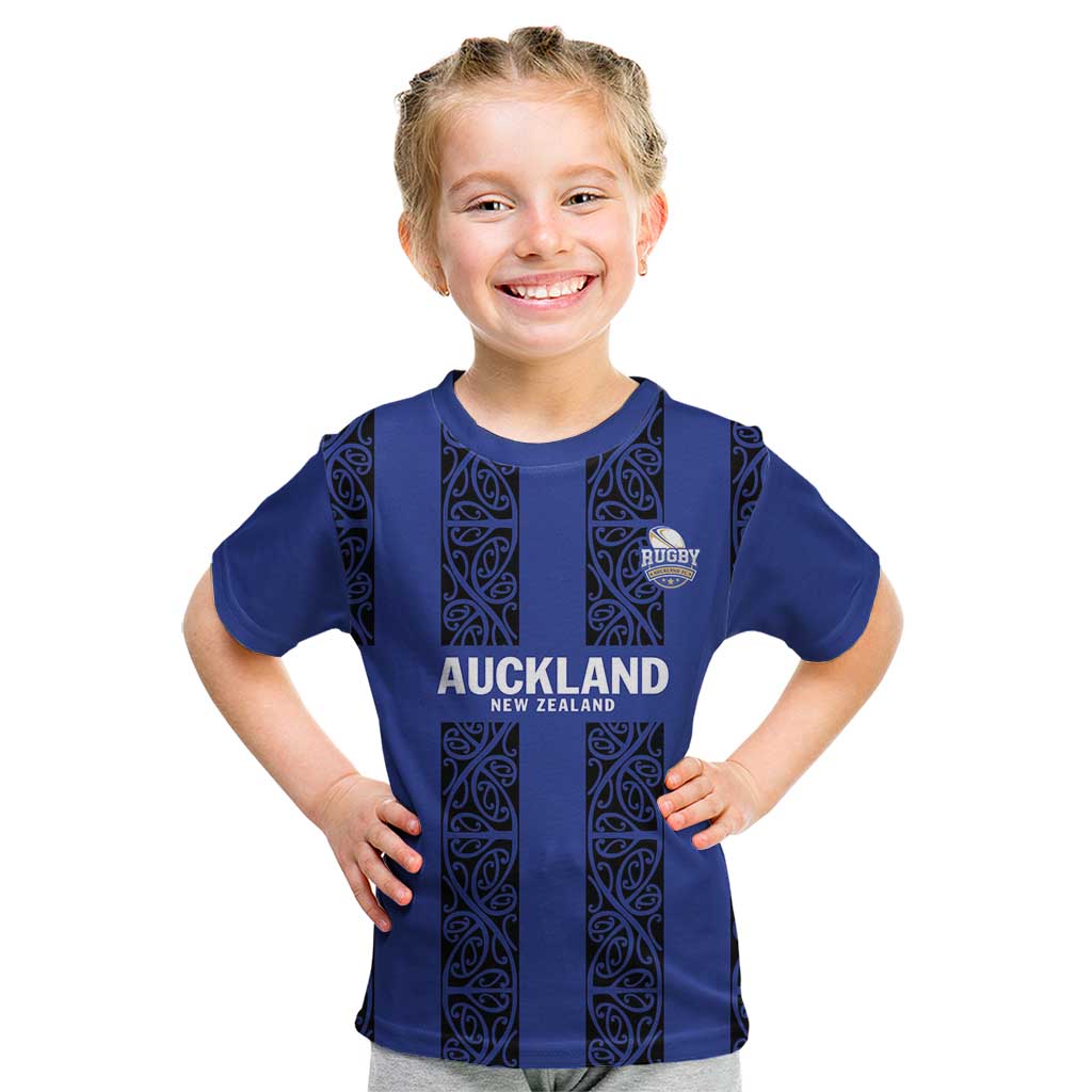Custom Oceania Football NZ Auckland Kid T Shirt Maori Tribal Pattern LT9 Blue - Polynesian Pride