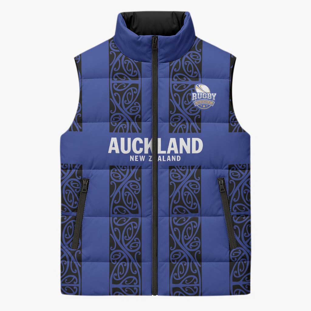 Custom Oceania Football NZ Auckland Sleeveless Puffer Jacket Maori Tribal Pattern LT9 Unisex Blue - Polynesian Pride
