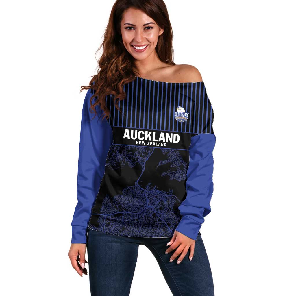 Custom Oceania Football NZ Auckland Off Shoulder Sweater Minimal City Map Style LT9 Women Blue - Polynesian Pride