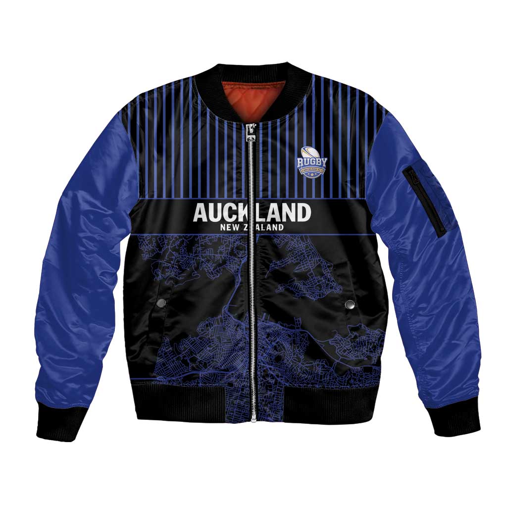 Custom Oceania Football NZ Auckland Sleeve Zip Bomber Jacket Minimal City Map Style LT9 Unisex Blue - Polynesian Pride