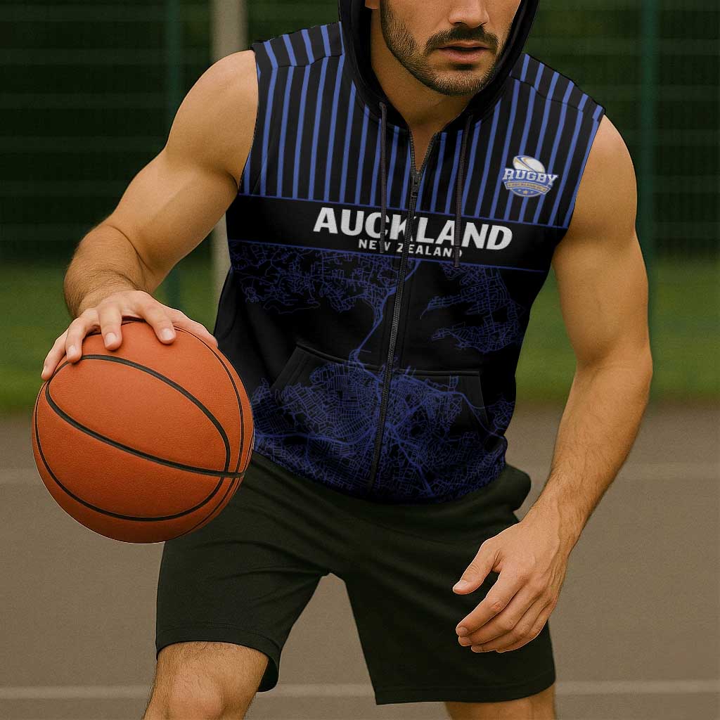 Custom Oceania Football NZ Auckland Sleeveless Zip Hoodie Minimal City Map Style