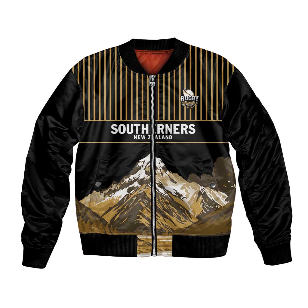 Custom Oceania Football NZ South Island Bomber Jacket Minimal Mount Cook Silhouette LT9 Unisex Black - Polynesian Pride