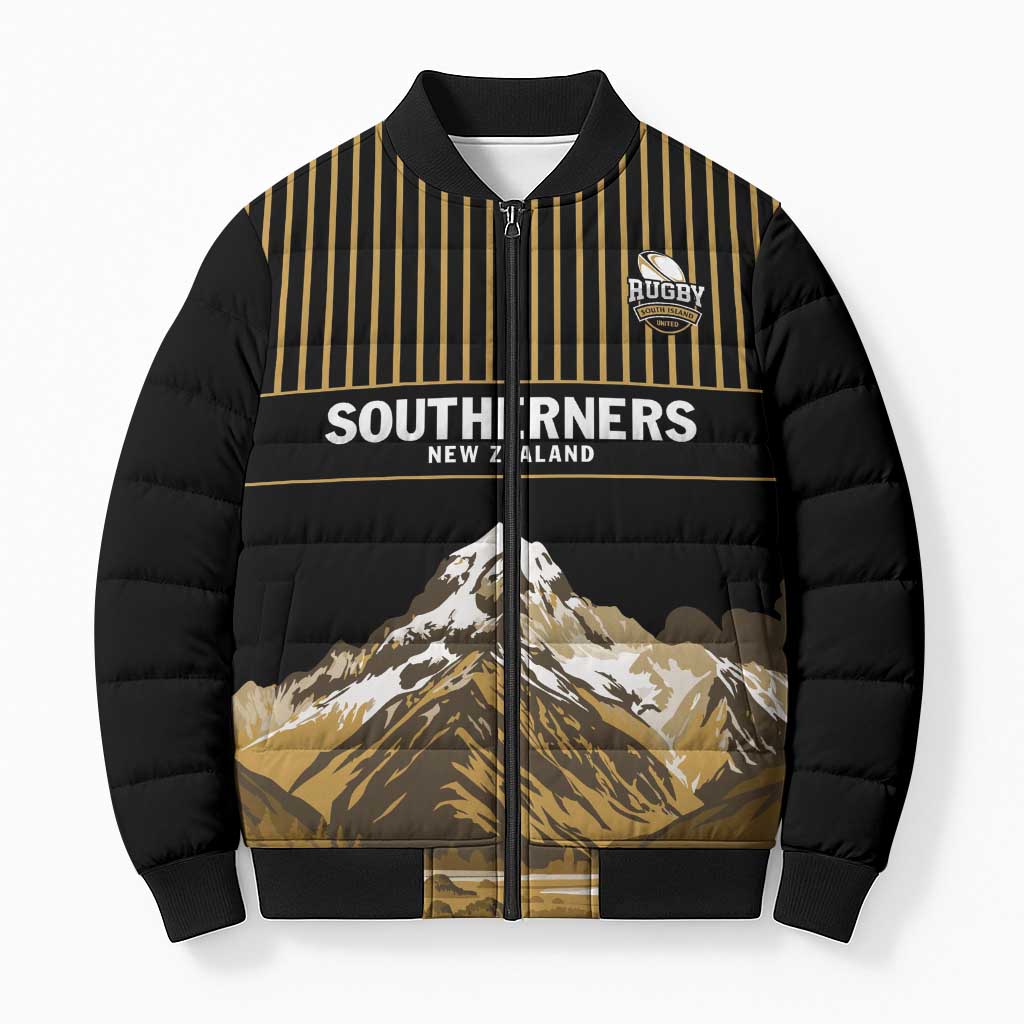 Custom Oceania Football NZ South Island Bomber Puffer Jacket Minimal Mount Cook Silhouette LT9 Unisex Black - Polynesian Pride