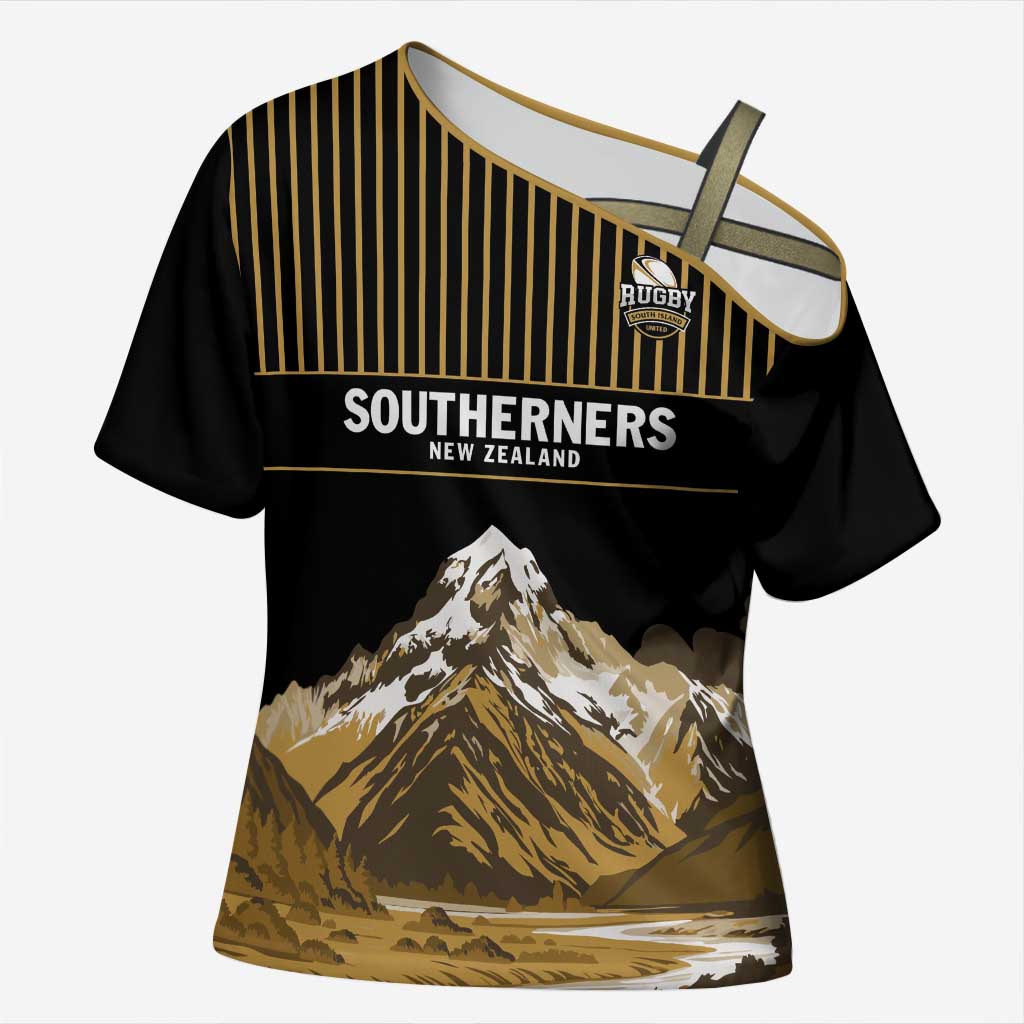 Custom Oceania Football NZ South Island Cross Shoulder Shirt Minimal Mount Cook Silhouette LT9 Female Black - Polynesian Pride