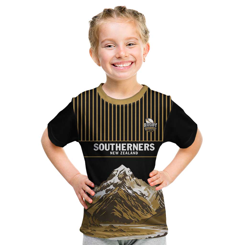 Custom Oceania Football NZ South Island Kid T Shirt Minimal Mount Cook Silhouette LT9 Black - Polynesian Pride