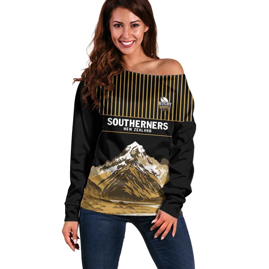 Custom Oceania Football NZ South Island Off Shoulder Sweater Minimal Mount Cook Silhouette LT9 Women Black - Polynesian Pride