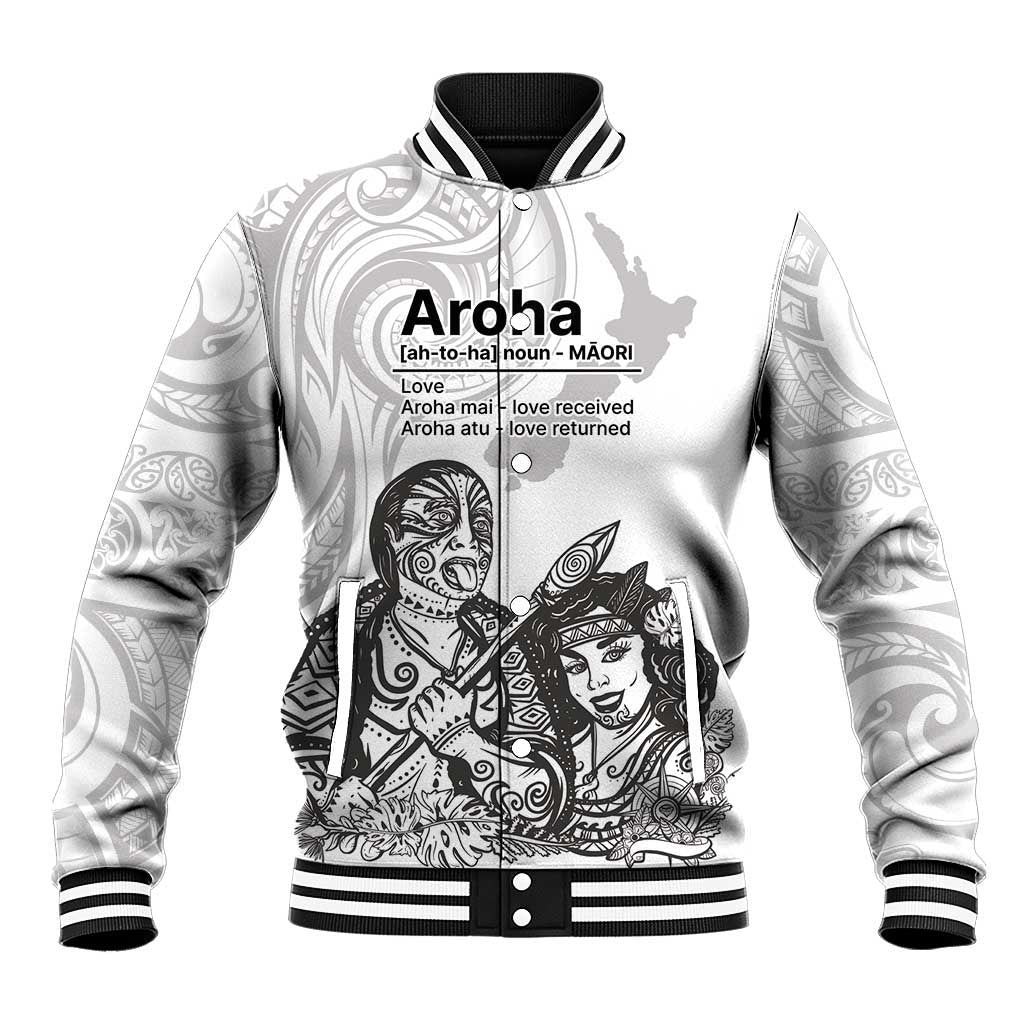 Aroha Maori Language Baseball Jacket Te Reo Maori Inspired Art LT9 Unisex white - Polynesian Pride