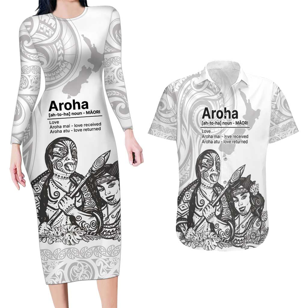 Aroha Maori Language Couples Matching Long Sleeve Bodycon Dress and Hawaiian Shirt Te Reo Maori Inspired Art LT9 white - Polynesian Pride