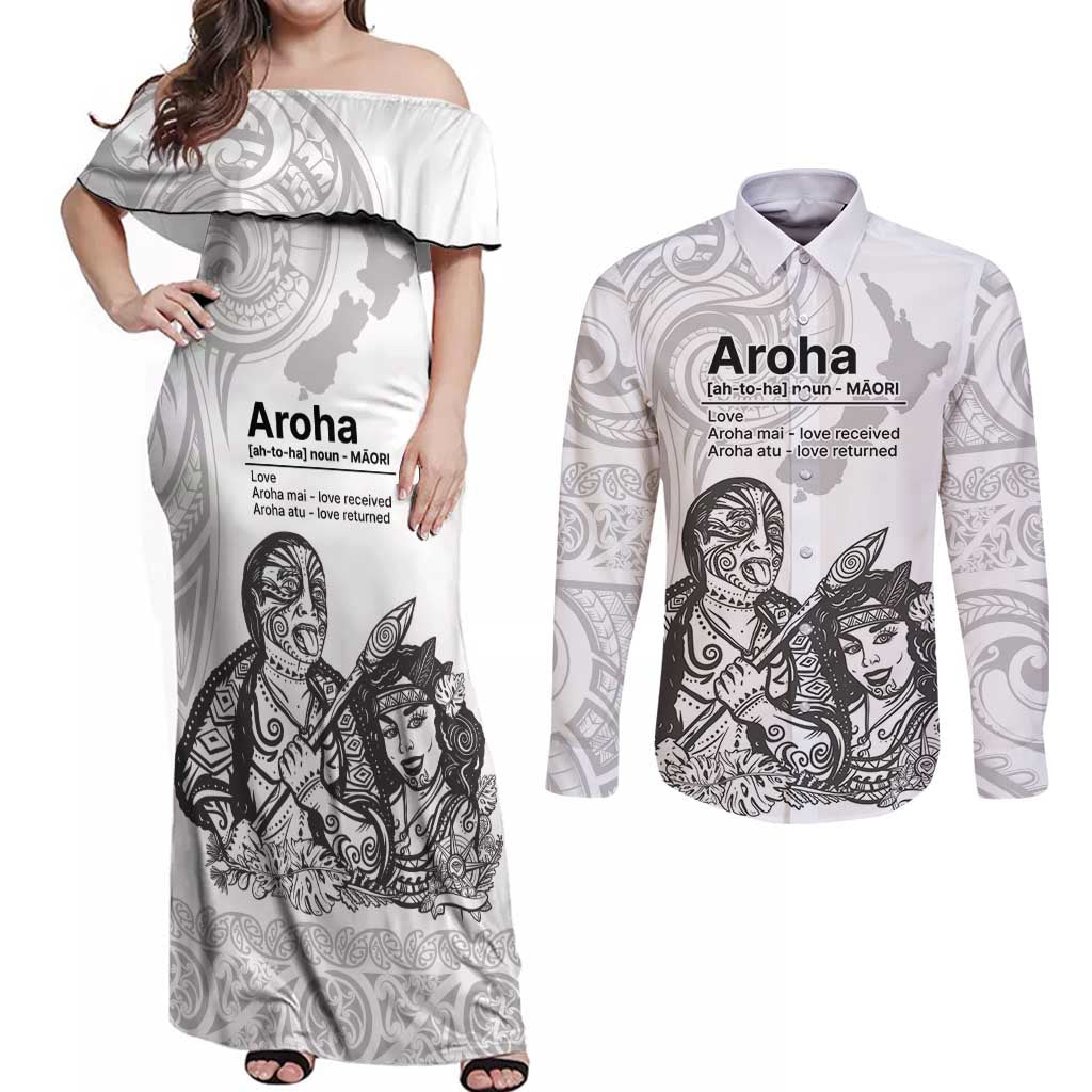 Aroha Maori Language Couples Matching Off Shoulder Maxi Dress and Long Sleeve Button Shirt Te Reo Maori Inspired Art LT9 white - Polynesian Pride