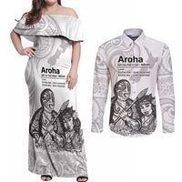 Aroha Maori Language Couples Matching Off Shoulder Maxi Dress and Long Sleeve Button Shirt Te Reo Maori Inspired Art LT9 white - Polynesian Pride