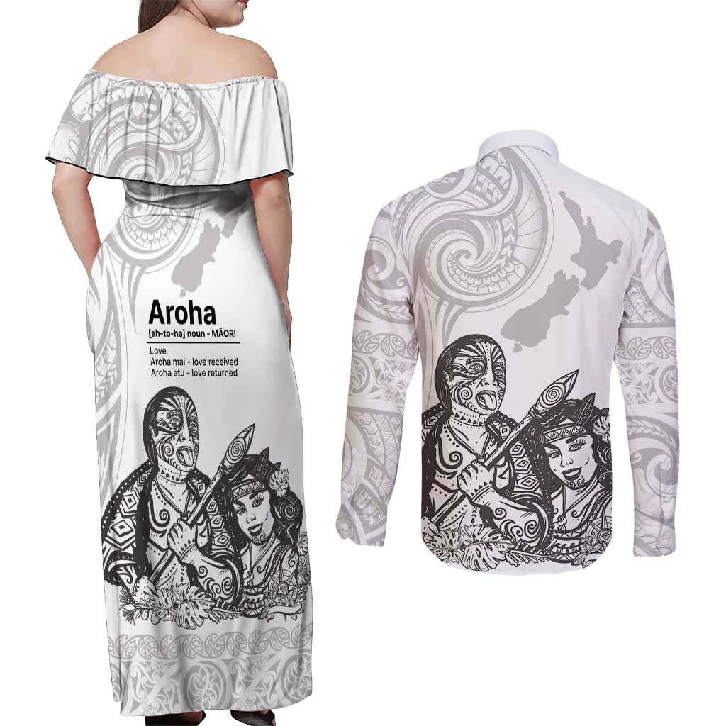Aroha Maori Language Couples Matching Off Shoulder Maxi Dress and Long Sleeve Button Shirt Te Reo Maori Inspired Art LT9 - Polynesian Pride