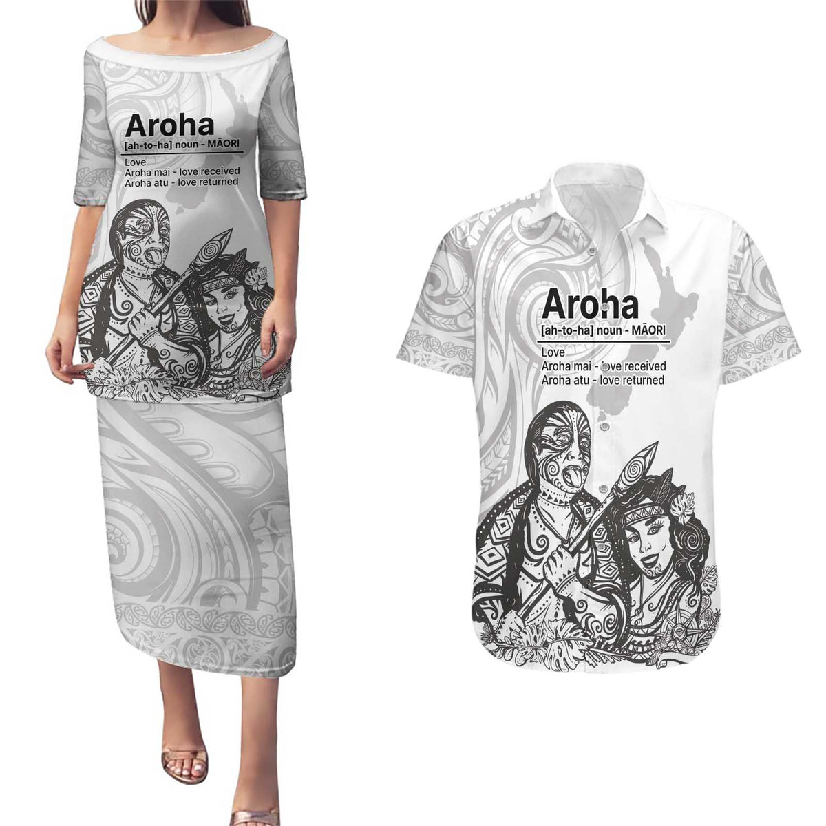 Aroha Maori Language Couples Matching Puletasi and Hawaiian Shirt Te Reo Maori Inspired Art LT9 white - Polynesian Pride