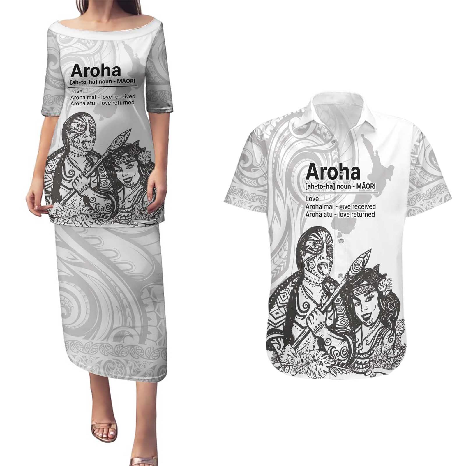 Aroha Maori Language Couples Matching Puletasi and Hawaiian Shirt Te Reo Maori Inspired Art LT9 white - Polynesian Pride