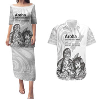 Aroha Maori Language Couples Matching Puletasi and Hawaiian Shirt Te Reo Maori Inspired Art LT9 white - Polynesian Pride