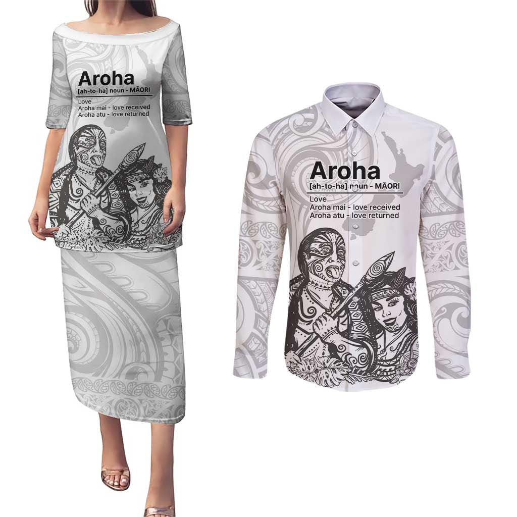 Aroha Maori Language Couples Matching Puletasi and Long Sleeve Button Shirt Te Reo Maori Inspired Art LT9 white - Polynesian Pride