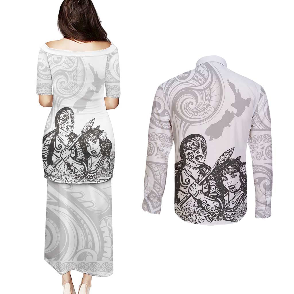 Aroha Maori Language Couples Matching Puletasi and Long Sleeve Button Shirt Te Reo Maori Inspired Art LT9 - Polynesian Pride