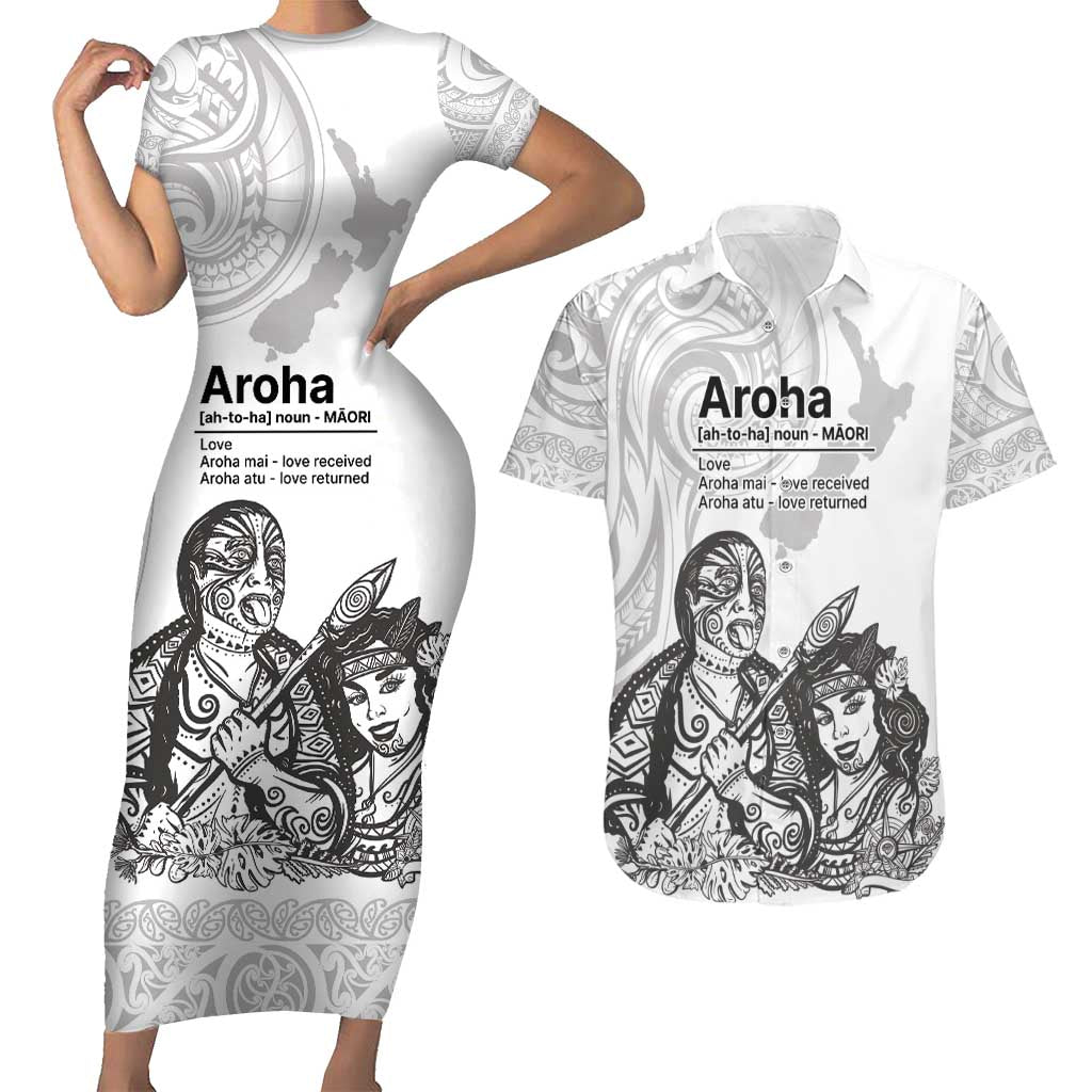 Aroha Maori Language Couples Matching Short Sleeve Bodycon Dress and Hawaiian Shirt Te Reo Maori Inspired Art LT9 white - Polynesian Pride