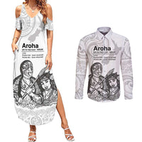 Aroha Maori Language Couples Matching Summer Maxi Dress and Long Sleeve Button Shirt Te Reo Maori Inspired Art LT9 white - Polynesian Pride