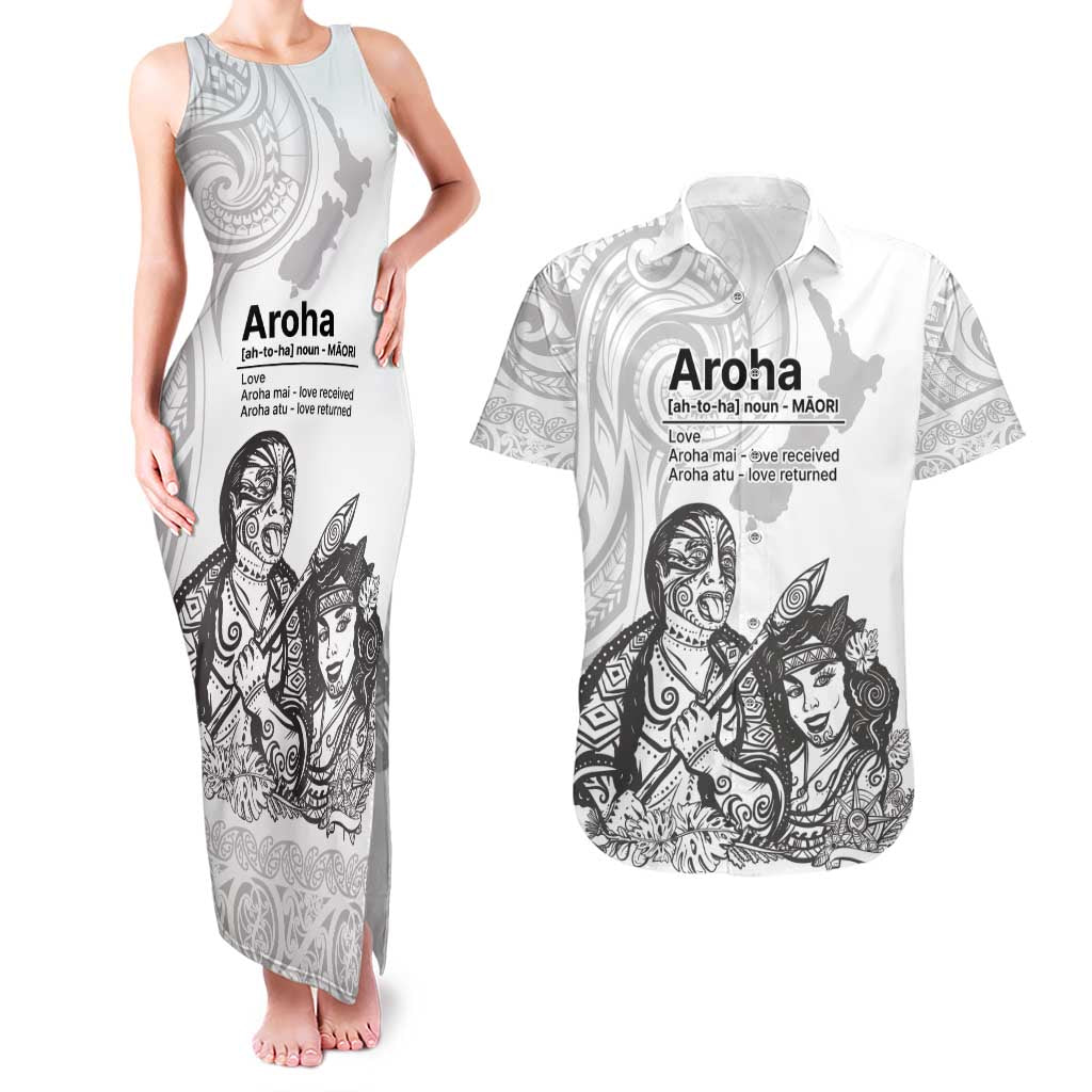 Aroha Maori Language Couples Matching Tank Maxi Dress and Hawaiian Shirt Te Reo Maori Inspired Art LT9 white - Polynesian Pride