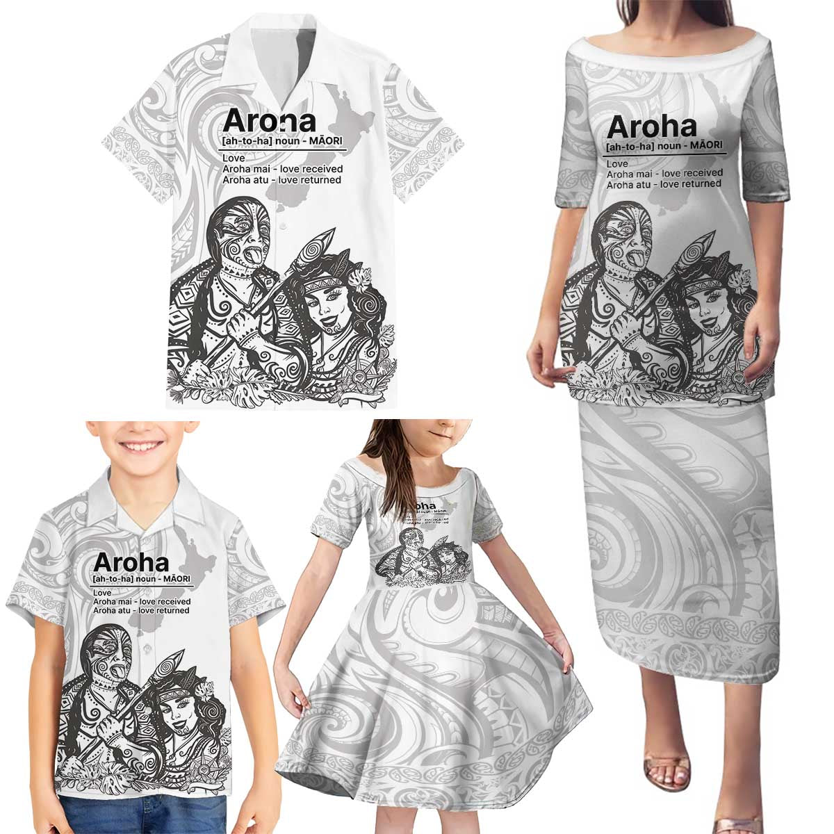 Aroha Maori Language Family Matching Puletasi and Hawaiian Shirt Te Reo Maori Inspired Art