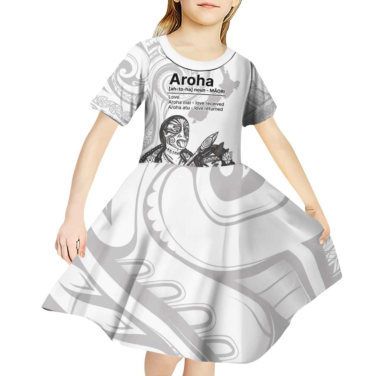 Aroha Maori Language Kid Short Sleeve Dress Te Reo Maori Inspired Art