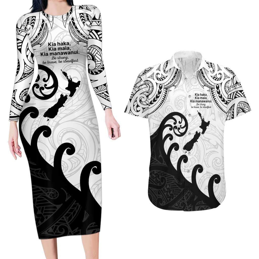 Kia Haka Maori language Couples Matching Long Sleeve Bodycon Dress and Hawaiian Shirt Te Reo Maori Inspired Art