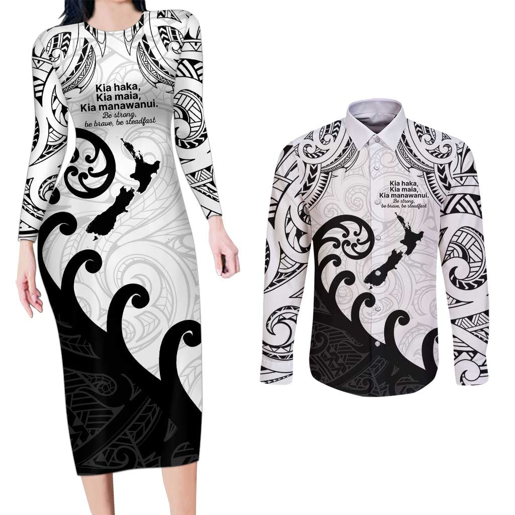 Kia Haka Maori language Couples Matching Long Sleeve Bodycon Dress and Long Sleeve Button Shirt Te Reo Maori Inspired Art LT9 white - Polynesian Pride
