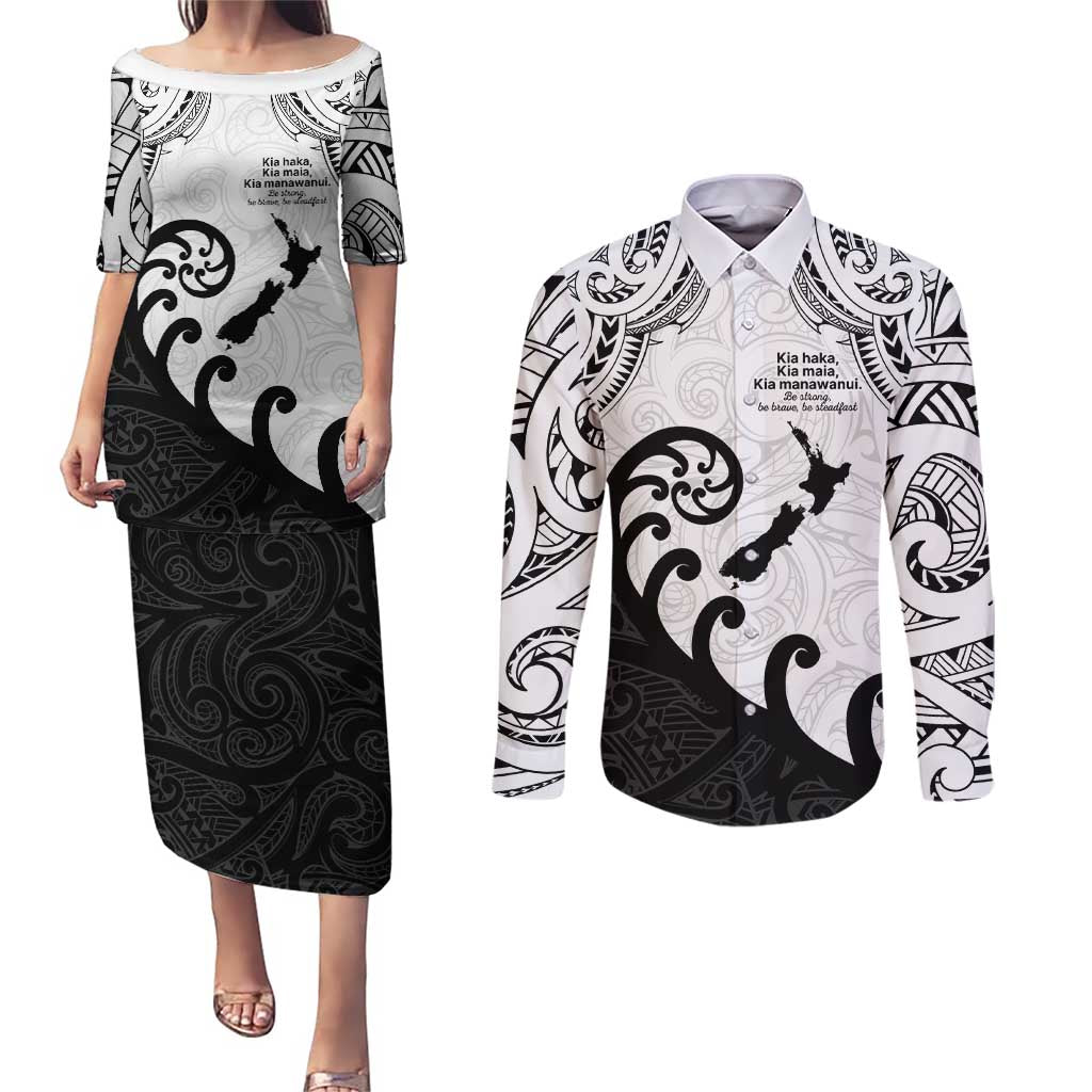 Kia Haka Maori language Couples Matching Puletasi and Long Sleeve Button Shirt Te Reo Maori Inspired Art LT9 white - Polynesian Pride