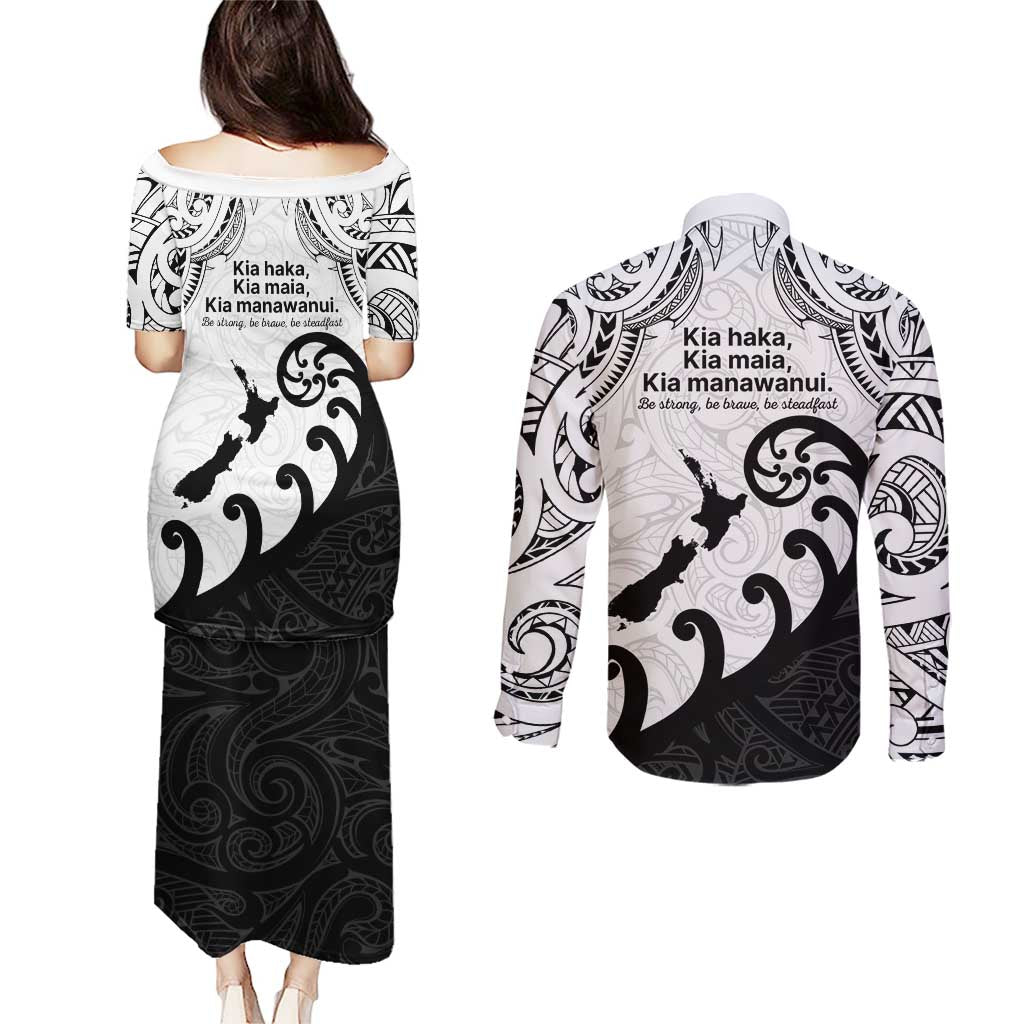 Kia Haka Maori language Couples Matching Puletasi and Long Sleeve Button Shirt Te Reo Maori Inspired Art LT9 - Polynesian Pride