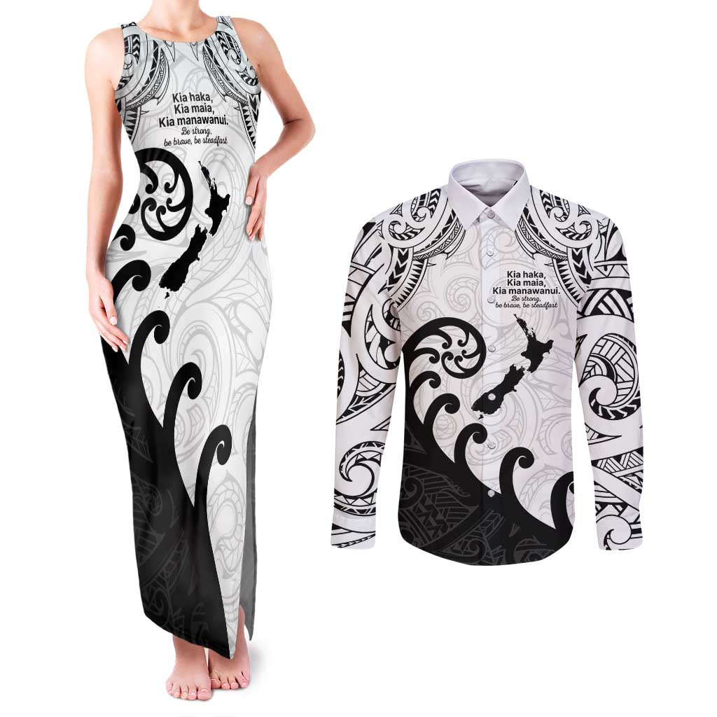 Kia Haka Maori language Couples Matching Tank Maxi Dress and Long Sleeve Button Shirt Te Reo Maori Inspired Art LT9 white - Polynesian Pride