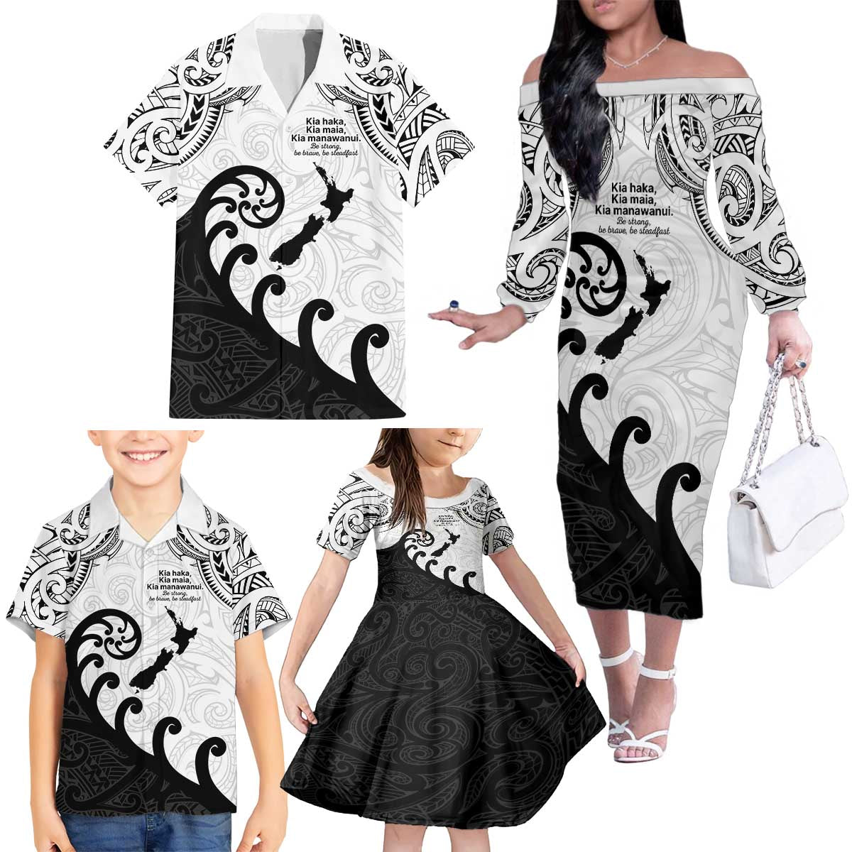 Kia Haka Maori language Family Matching Off The Shoulder Long Sleeve Dress and Hawaiian Shirt Te Reo Maori Inspired Art