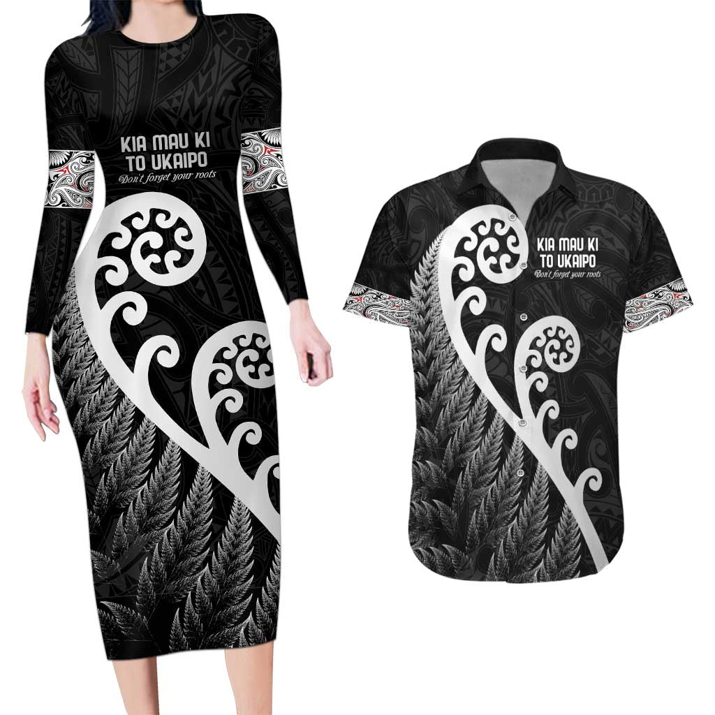 Kia Mau Ki To Ukaipo Couples Matching Long Sleeve Bodycon Dress and Hawaiian Shirt Te Reo Maori Koru Fern Art