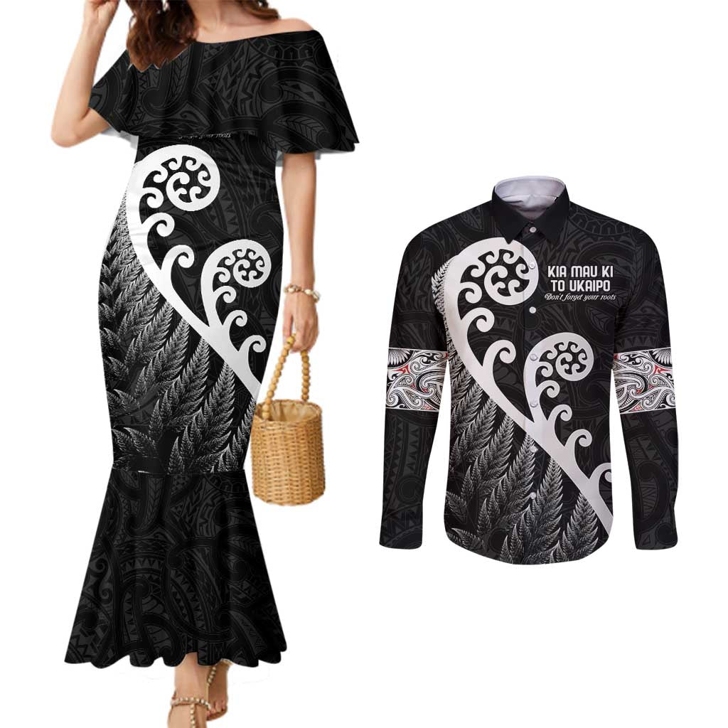 Kia Mau Ki To Ukaipo Couples Matching Mermaid Dress and Long Sleeve Button Shirt Te Reo Maori Koru Fern Art LT9 Black - Polynesian Pride