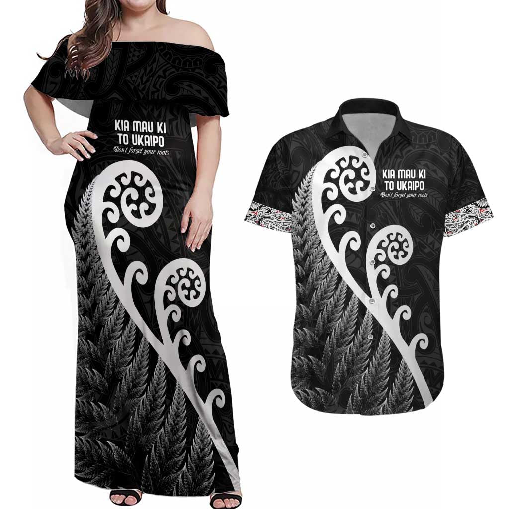 Kia Mau Ki To Ukaipo Couples Matching Off Shoulder Maxi Dress and Hawaiian Shirt Te Reo Maori Koru Fern Art