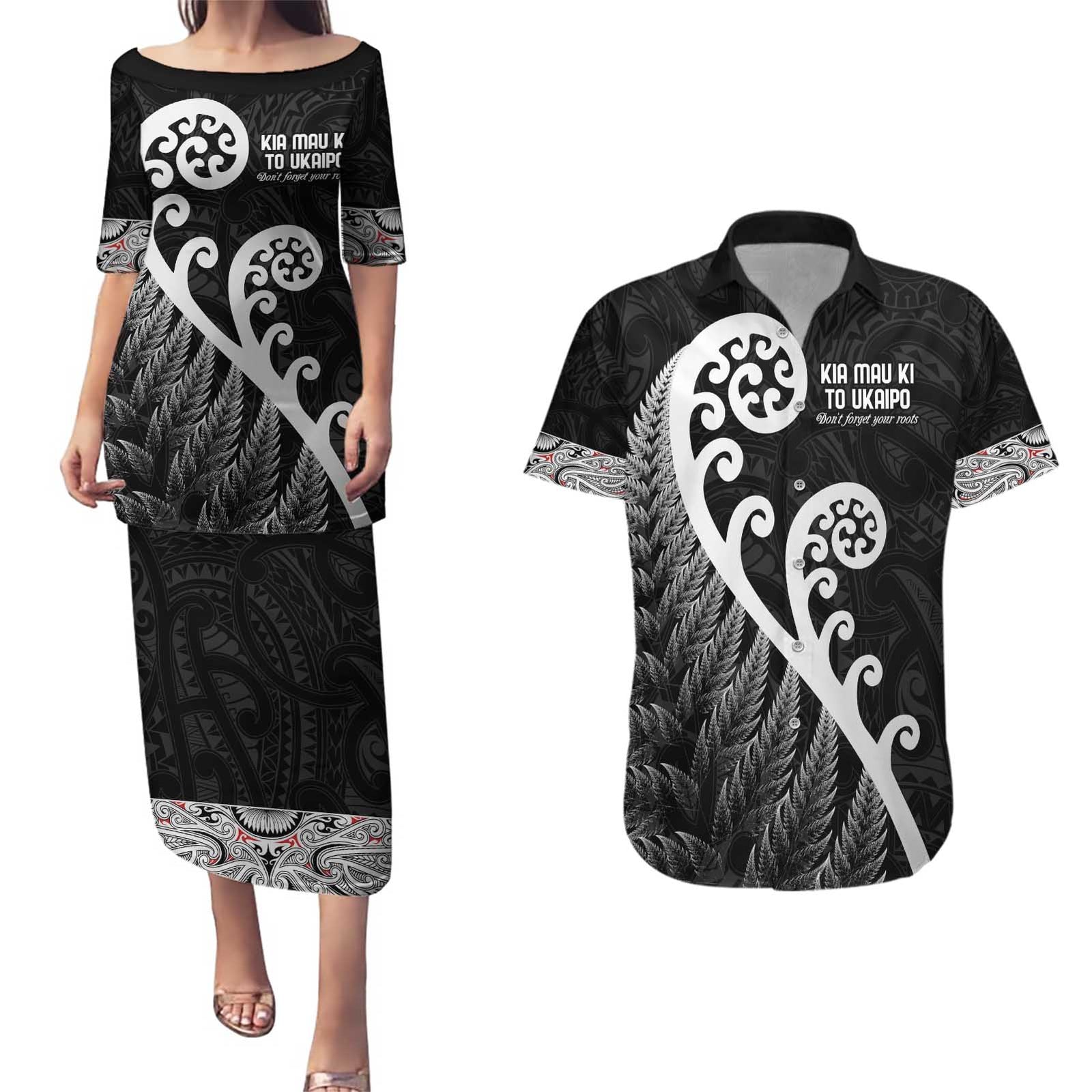 Kia Mau Ki To Ukaipo Couples Matching Puletasi and Hawaiian Shirt Te Reo Maori Koru Fern Art LT9 Black - Polynesian Pride