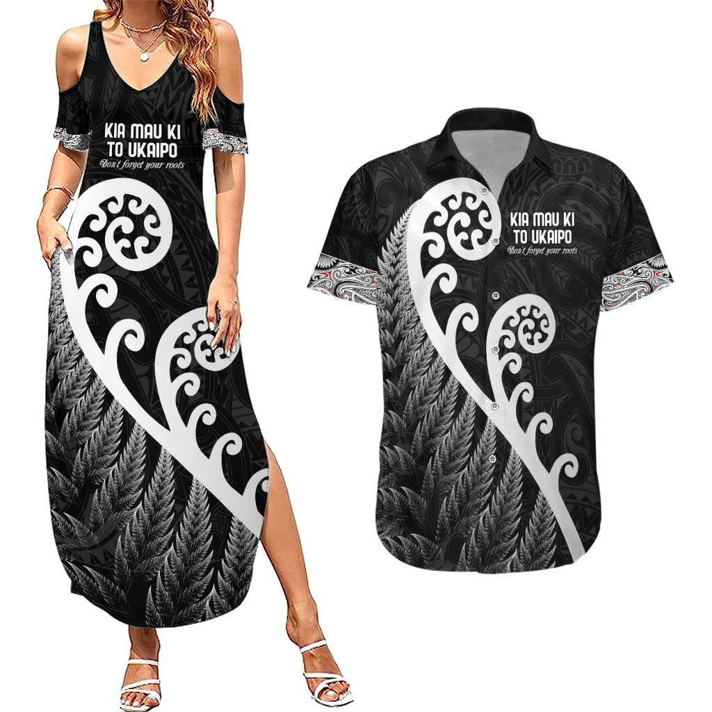 Kia Mau Ki To Ukaipo Couples Matching Summer Maxi Dress and Hawaiian Shirt Te Reo Maori Koru Fern Art LT9 Black - Polynesian Pride