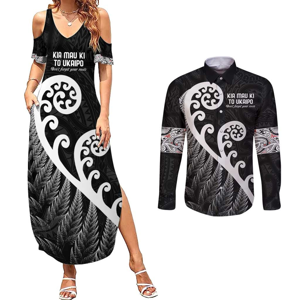 Kia Mau Ki To Ukaipo Couples Matching Summer Maxi Dress and Long Sleeve Button Shirt Te Reo Maori Koru Fern Art LT9 Black - Polynesian Pride