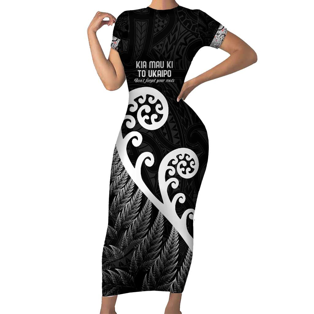 Kia Mau Ki To Ukaipo Short Sleeve Bodycon Dress Te Reo Maori Koru Fern Art