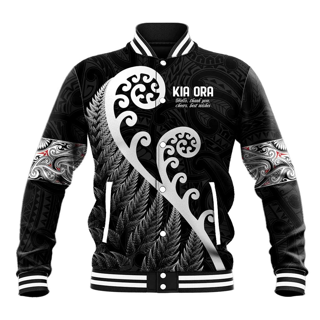 Kia Ora Maori Language Baseball Jacket Te Reo Maori Koru Fern Art LT9 Unisex Black - Polynesian Pride