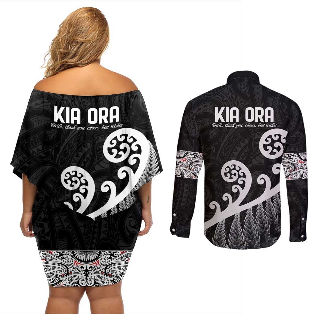 Kia Ora Maori Language Couples Matching Off Shoulder Short Dress and Long Sleeve Button Shirt Te Reo Maori Koru Fern Art LT9 - Polynesian Pride