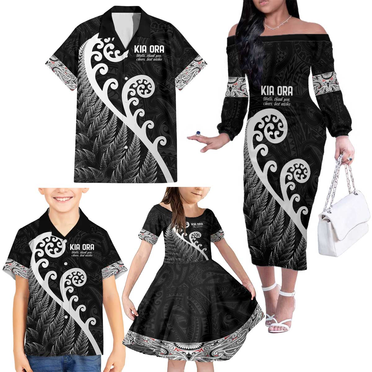 Kia Ora Maori Language Family Matching Off The Shoulder Long Sleeve Dress and Hawaiian Shirt Te Reo Maori Koru Fern Art